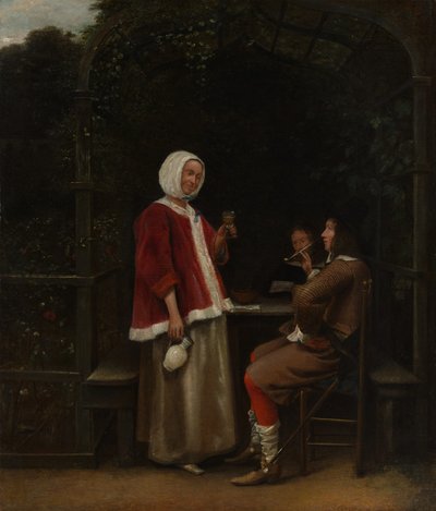 A Woman and Two Men in an Arbour by Pieter de Hooch